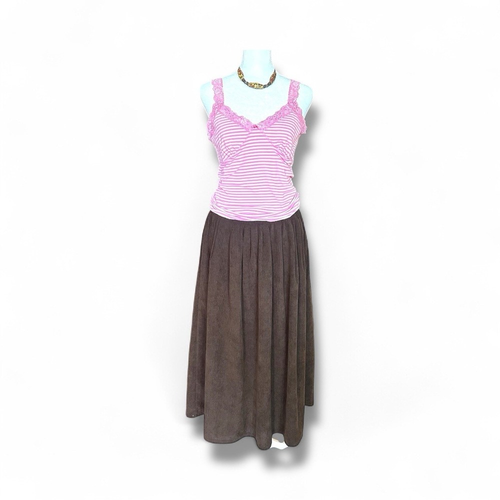 Brown Corduroy Pleated Midi‎ Maxi Skirt Women's S Elastic Waist Y2K Cottagecore